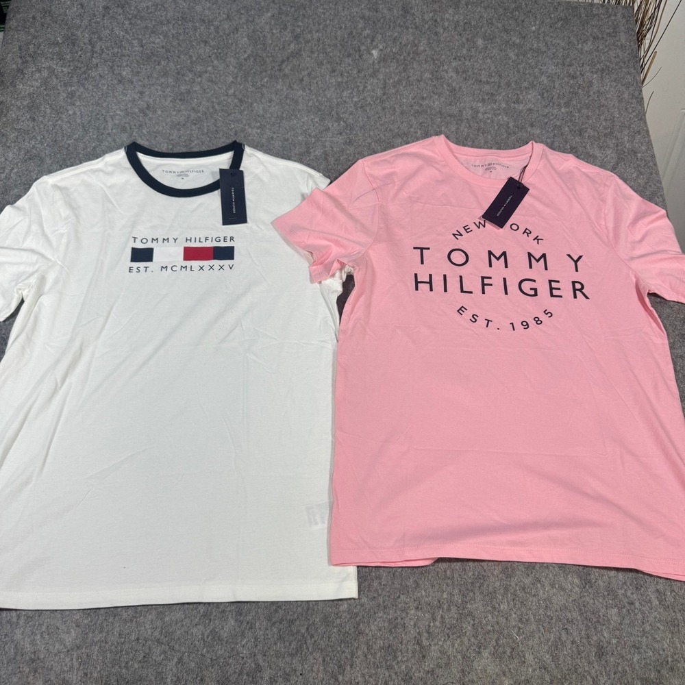 Tommy Hilfiger Mens 2 Pack Graphic T-Shirts White Ringer Pink Logo Size M NWT